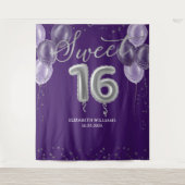 Silver Foil Sweet 16 Balloons Paarse achtergrond Wandkleed (Voorkant)