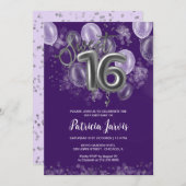 Silver Foil Sweet 16 Balloons Party Paars Kaart (Voorkant / Achterkant)