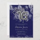 Silver Foil Sweet 16 Balloons Party Royal Blue Kaart (Voorkant)