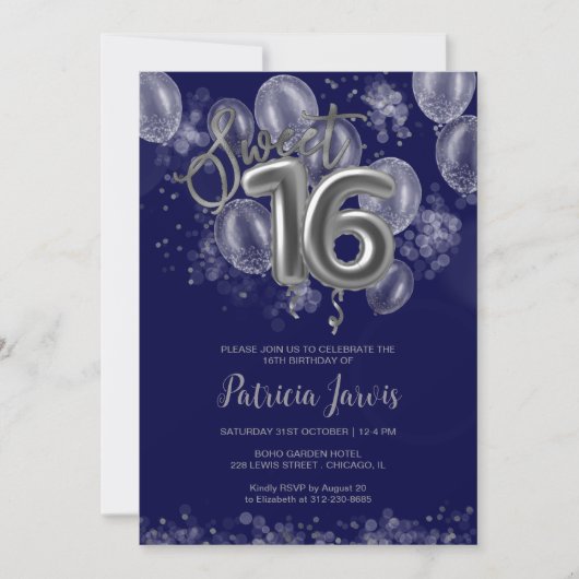 Silver Foil Sweet 16 Balloons Party Royal Blue Kaart (Voorkant)