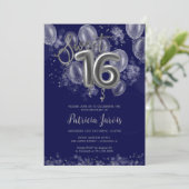Silver Foil Sweet 16 Balloons Party Royal Blue Kaart (Staand voorkant)