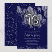Silver Foil Sweet 16 Balloons Party Royal Blue Kaart (Voorkant / Achterkant)