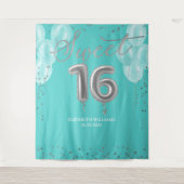 Silver Foil Sweet 16 Balloons Royal Blauwgroen Bac Wandkleed (Voorkant)