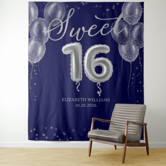 Silver Foil Sweet 16 Balloons Royal Blue Backdrop Wandkleed (In situ)