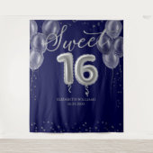 Silver Foil Sweet 16 Balloons Royal Blue Backdrop Wandkleed (Voorkant)