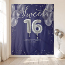 Silver Foil Sweet 16 Balloons Royal Blue Backdrop