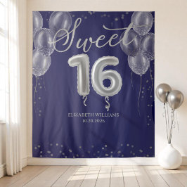 Silver Foil Sweet 16 Balloons Royal Blue Backdrop Wandkleed
