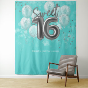 Silver Foil Sweet 16 Bday Balloons Blauwgroen acht Wandkleed