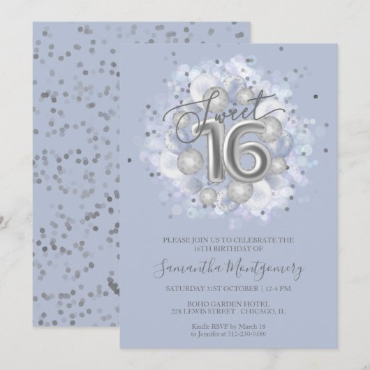 Silver Foil Sweet 16 Bday Balloons Dusty Blue Kaart (Voorkant / Achterkant)