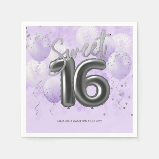 Silver Foil Sweet 16 Bday Balloons Lavender Napki Servet (Voorkant)