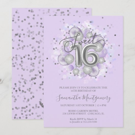 Silver Foil Sweet 16 Bday Balloons Party Lavender Kaart (Voorkant / Achterkant)