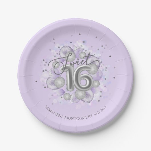 Silver Foil Sweet 16 Bday Balloons Party Lavender Papieren Bordje (Voorkant)