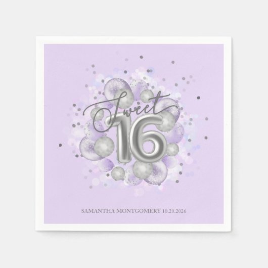 Silver Foil Sweet 16 Bday Balloons Party Lavender Servet (Voorkant)
