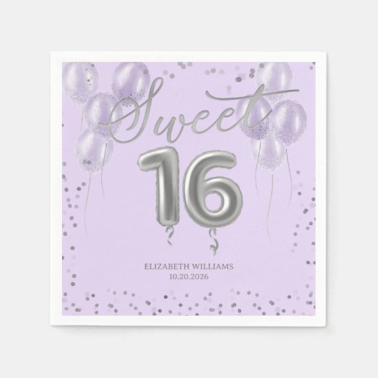 Silver Foil Sweet 16 Bday Balloons Party Lavender Servet (Voorkant)