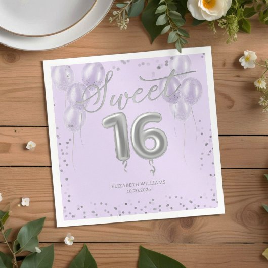 Silver Foil Sweet 16 Bday Balloons Party Lavender Servet