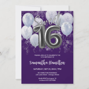 Silver Foil Sweet 16-Bday Balloons Party Paars Kaart
