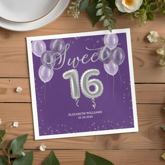 Silver Foil Sweet 16-Bday Balloons Party Paars Servet