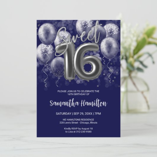 Silver Foil Sweet 16 Bday Balloons Royal Blue Kaart (Staand voorkant)