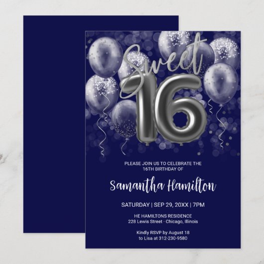 Silver Foil Sweet 16 Bday Balloons Royal Blue Kaart (Voorkant / Achterkant)