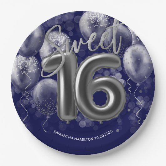 Silver Foil Sweet 16 Bday Balloons Royal Blue Papieren Bordje (Voorkant)