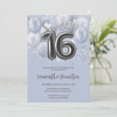 Silver Foil Sweet 16 Birthday Balloons Dusty Blue Kaart (Staand voorkant)