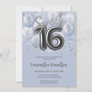 Silver Foil Sweet 16 Birthday Balloons Dusty Blue Kaart