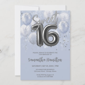 Silver Foil Sweet 16 Birthday Balloons Dusty Blue Kaart