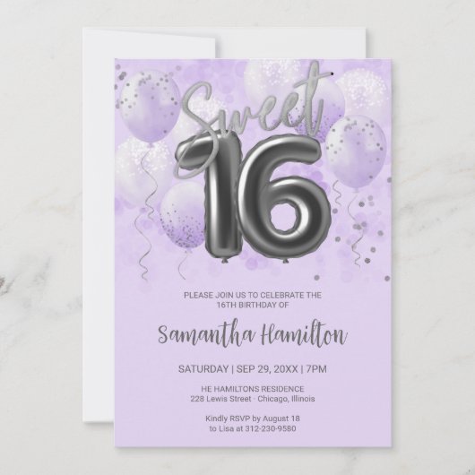 Silver Foil Sweet 16 Birthday Balloons Lavender Kaart (Voorkant)