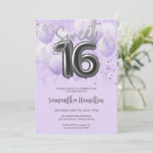 Silver Foil Sweet 16 Birthday Balloons Lavender Kaart (Staand voorkant)