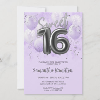 Silver Foil Sweet 16 Birthday Balloons Lavender Kaart