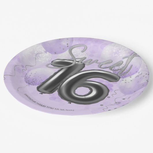 Silver Foil Sweet 16 Birthday Balloons Lavender Pa Papieren Bordje (Gekanteld)