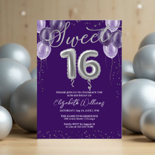 Silver Foil Sweet 16 Birthday Balloons Paars Kaart