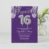 Silver Foil Sweet 16 Birthday Balloons Paars Kaart (Staand voorkant)
