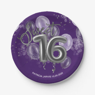Silver Foil Sweet 16 Birthday Balloons Paars Papieren Bordje