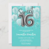 Silver Foil Sweet 16 Birthday Balloons Party Blauw Kaart (Voorkant)