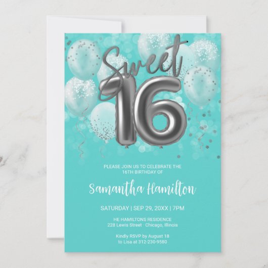 Silver Foil Sweet 16 Birthday Balloons Party Blauw Kaart (Voorkant)