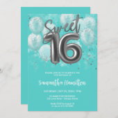Silver Foil Sweet 16 Birthday Balloons Party Blauw Kaart (Voorkant / Achterkant)