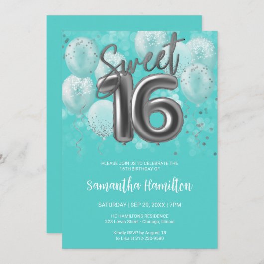 Silver Foil Sweet 16 Birthday Balloons Party Blauw Kaart (Voorkant / Achterkant)