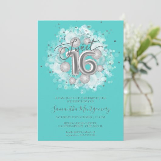 Silver Foil Sweet 16 Birthday Balloons Party Blauw Kaart (Staand voorkant)