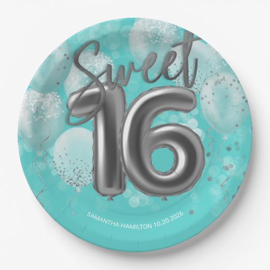 Silver Foil Sweet 16 Birthday Balloons Party Blauw Papieren Bordje (Voorkant)