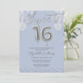 Silver Foil Sweet 16 Birthday Balloons Party Blue Kaart (Staand voorkant)