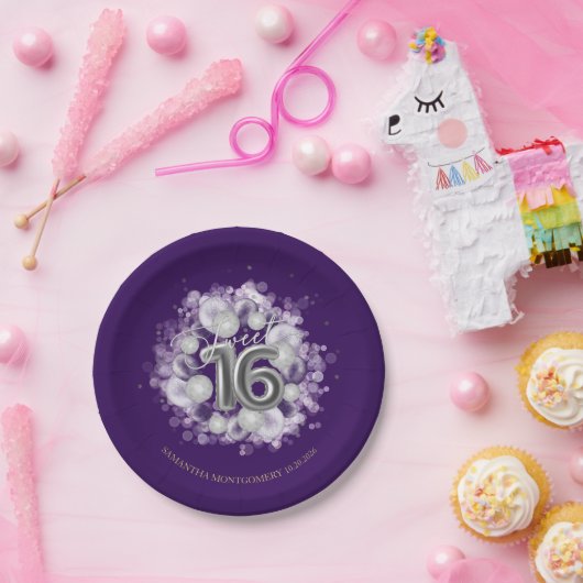 Silver Foil Sweet 16 Birthday Balloons Party Papieren Bordje (Feest)