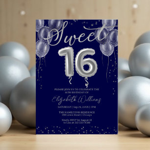 Silver Foil Sweet 16 Birthday Balloons Royal Blue Kaart