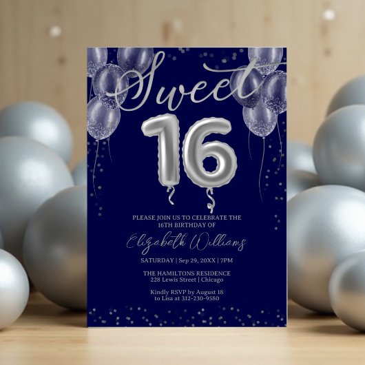 Silver Foil Sweet 16 Birthday Balloons Royal Blue Kaart