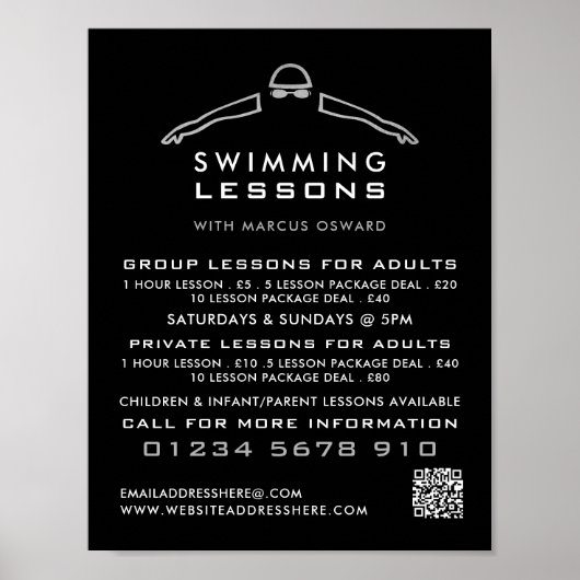 Silver Foil Swimmer Icon, Swimming Lesson Advert Poster (Voorkant)