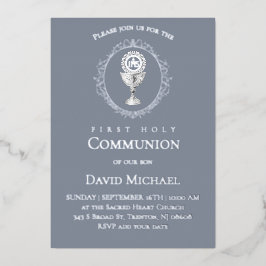 Silver foil text First Holy Communion boy Folie Uitnodiging