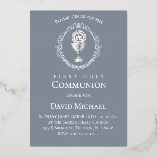 Silver foil text First Holy Communion boy Folie Uitnodiging (Voorkant)
