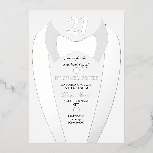 Silver Foil Tuxedo Suit Mannen 21st Birthday Party Folie Uitnodiging (Voorkant)