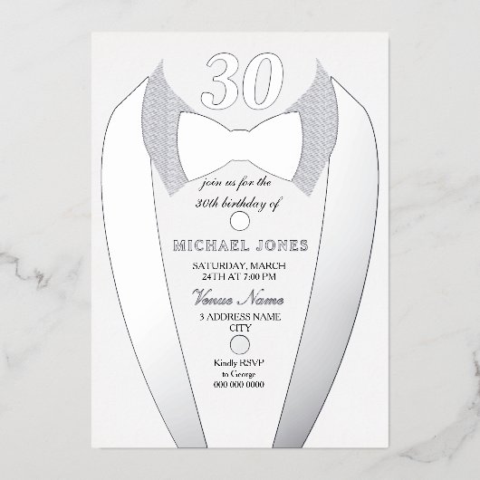 Silver Foil Tuxedo Suit Mannen 30th Birthday Party Folie Uitnodiging (Voorkant)