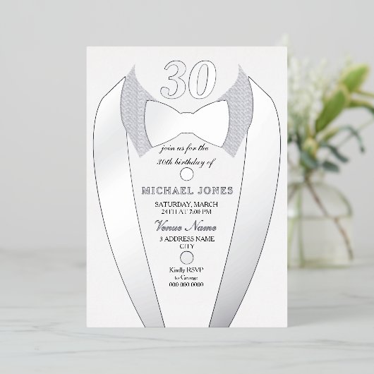 Silver Foil Tuxedo Suit Mannen 30th Birthday Party Folie Uitnodiging (Staand Voorkant)
